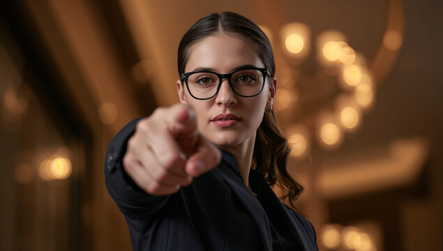中東の女性30代をローアングルで捉えた指差し指示の肖像