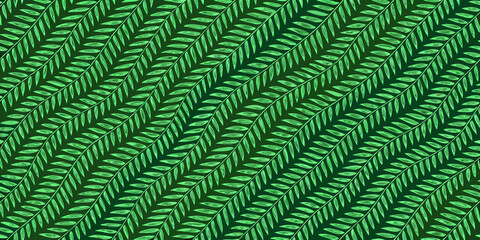 Seamless pattern of stylized green leaves with repeating linear design © Roni