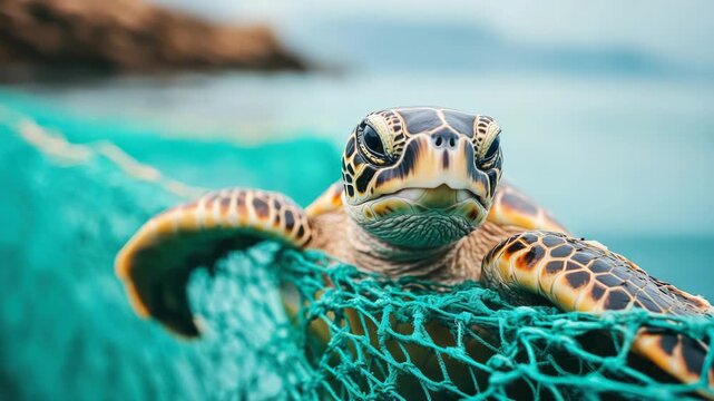 A sea turtle peers from the surface, with a curious expression amidst a blue-green ocean and net