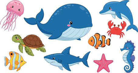 Cute Cartoon Sea Animals Collection with Whale Dolphin Shark Turtle Jellyfish Crab Starfish and Tropical Fish Vector Set © Vector Design Hub