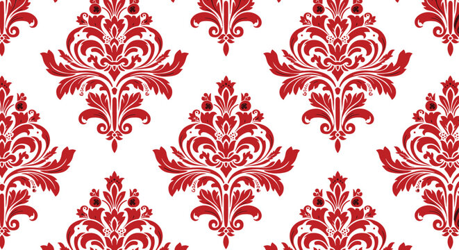 Red Damask Seamless Pattern with Vintage Floral Ornament Design for Wallpaper, Textile Fabric, Background, Wrapping Paper, and Decorative Surface Print
