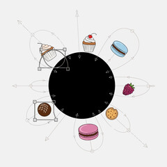 Obraz premium Dessert selection arranged around a central black circle, with design elements.