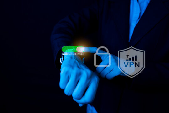 VPN, Virtual Private Network Protocol technology, Businesswoman connecting a private and secure connection over public Internet by smart watch for security, Encrypted connection.