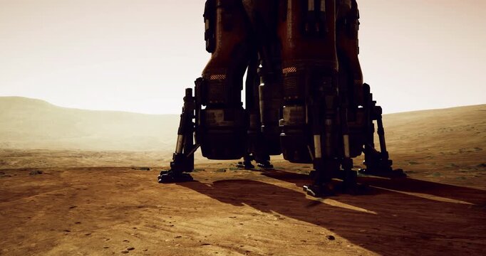 Robotic legs stand on the reddish Martian surface under a pale sky, showcasing advanced engineering. The surrounding landscape is barren and rugged, signifying the harsh environment of Mars.
