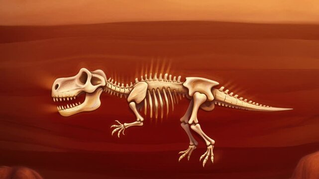 Tyrannosaurus rex skeleton illustration on reddish background perfect for educational videos about dinosaurs and prehistoric life