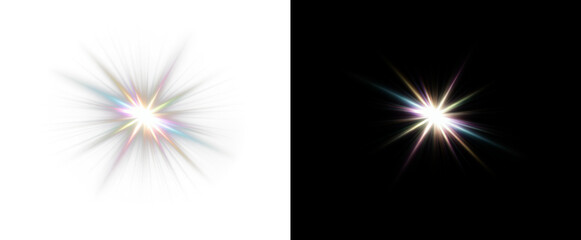 Rainbow magic twinkle star PNG overlay shown on black and transparent backgrounds with vivid luminous glow © slavo484