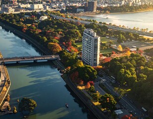 Obraz premium Aerial view of a cityscape with a river and bridge