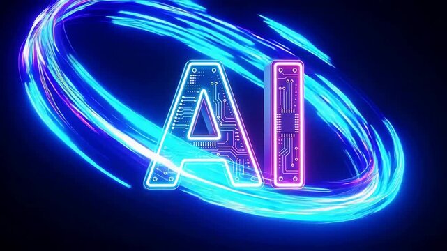 Futuristic neon 'AI' logo with circuit board design and glowing orbital ring, symbolizing artificial intelligence, machine learning, and advanced technology