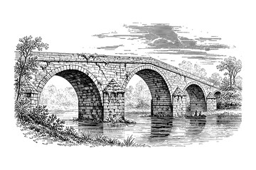 Vintage engraving of a historic stone bridge over a serene river