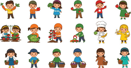 Fototapeta premium Cute Kids Gardening and Harvest Illustration Set with Children Picking Vegetables, Fruits and Farm Produce for Educational Design