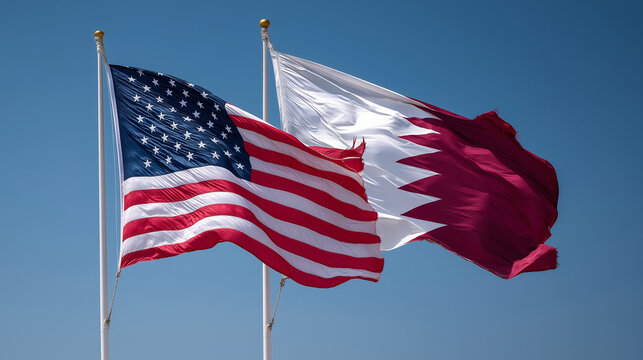 Flags of united states and qatar flying together outdoor event clear sky international relations concept
