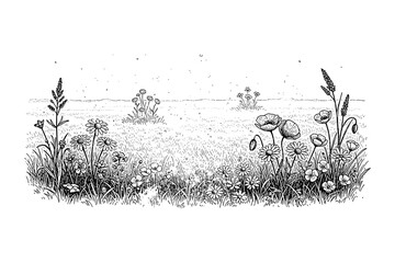 Intricate black and white wildflower field with poppies and daisies