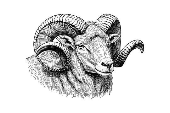Detailed black and white ram portrait with majestic curved horns