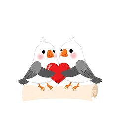 Naklejka premium Lovely couple of birds sitting together on a scroll with heart in between