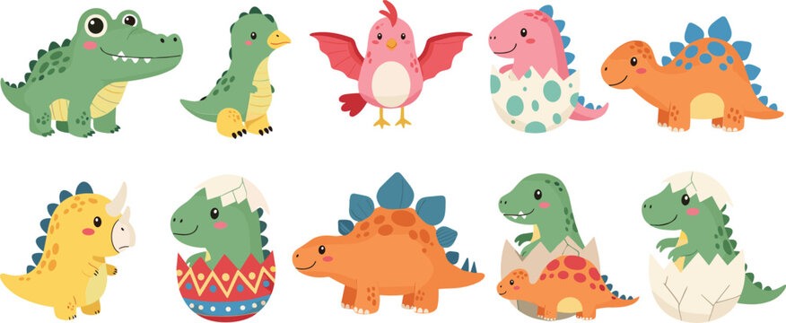 Cute Baby Dinosaur Illustration Set with T Rex, Triceratops, Stegosaurus and Hatching Eggs for Kids Nursery and Cartoon Designs