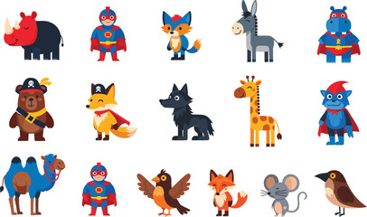 Cute Animal Superhero and Pirate Characters Illustration Set with Rhino, Fox, Wolf, Giraffe, Mouse and More Cartoon Figures © Sanjida