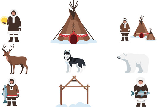 Arctic Indigenous Life Illustration Set with Inuit People, Reindeer, Husky, Polar Bear and Traditional Tent for Cultural Design