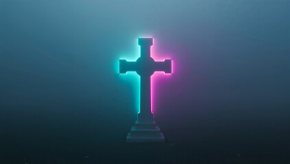 霧とネオン光で象徴化された白い十字架墓標、記憶を重ねる抽象的追悼表現