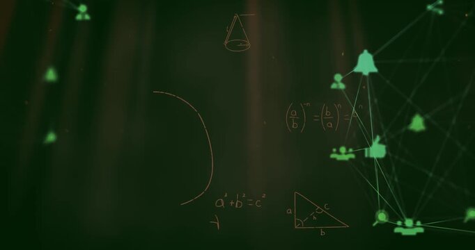 Animation of network of connections with icons over mathematical equations on black background