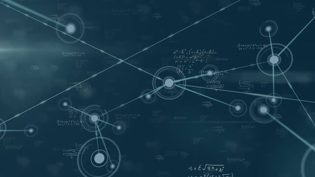 Animation of mathematical equations, connections and data processing over black background