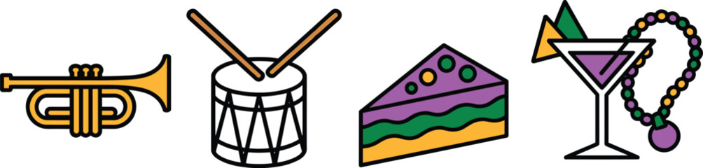 Mardi Gras Carnival Vector Icons with Trumpet, Drum, King Cake Slice, Cocktail Glass, and Bead Necklace in Purple Green Gold