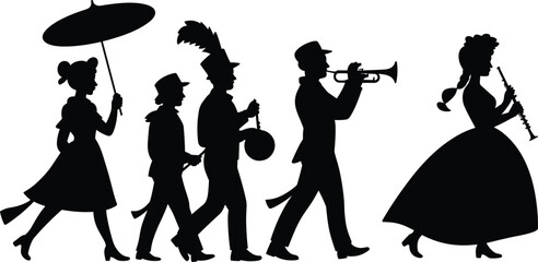 Parade Musicians and Dancers Silhouette Vector Illustration with Umbrella, Trumpet, and Flute Performers Isolated on Light Background © MSTALIFNUR