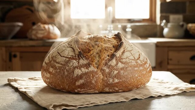Freshly baked artisan bread on a kitchen counter with a rustic background