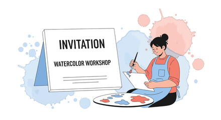 Naklejka premium Watercolor Workshop Invitation Design: Artist Painting Flowers