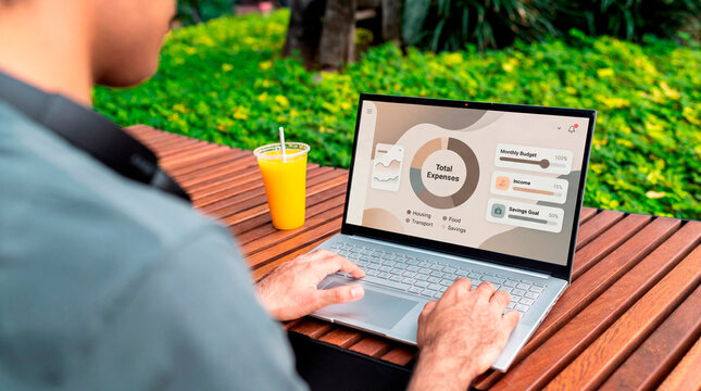 Strategic remote worker reviewing digital expense dashboard outdoors