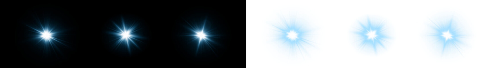 Electric blue radiant flare PNG Overlay isolated on transparent and black background with glowing star beams