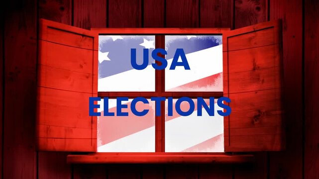 Animation of usa elections text and flag of america seen through wooden window