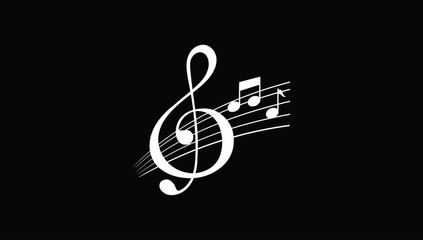 Musical staff with white treble clef and notes on black background representing melody, harmony, and classical music composition. © Swastika
