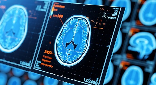 A medical professional analyzes a brain scan on a computer screen in a modern hospital setting.
