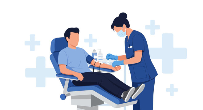 Medical Nurse Takes Blood Sample from Donor in Clinic - Illustration