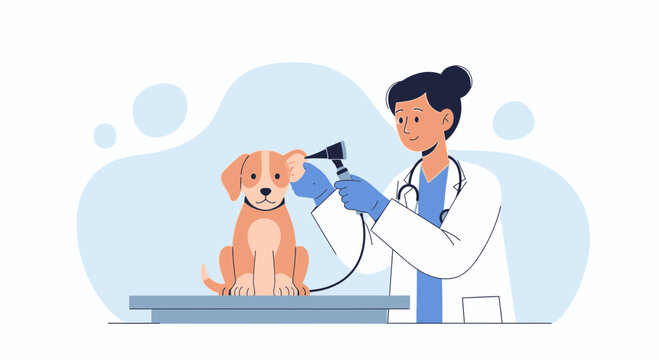Veterinarian Examining Dog's Ear with Otoscope - Pet Health Checkup Illustration