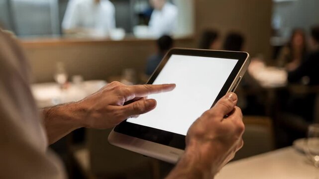 A server taps items on a handheld POS device focusing on the order entry with blurred kitchen staff and diners in the softly defocused background.