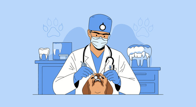 Veterinarian performing dental check-up on dog in clinic, illustration
