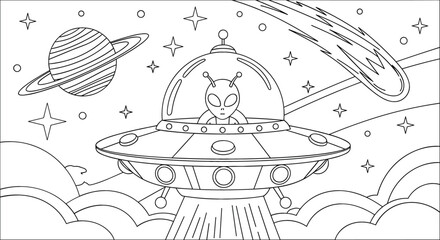 Cute Alien in UFO Spaceship Coloring Page with Planets, Stars and Comet Black and White Outline Activity Sheet for Kids © Sanjida