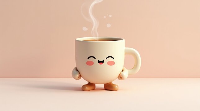 Personaje de taza de caf&eacute; de dibujos animados en 3D con peque&ntilde;os brazos y piernas, cara sonriente, textura de arcilla suave