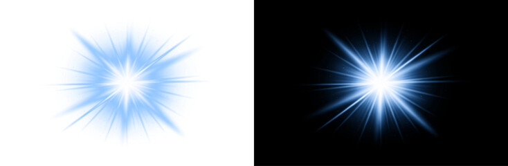 Fototapeta premium Intense blue lens flare PNG Overlay isolated on transparent and black background with radiant beam burst and abstract illumination effect