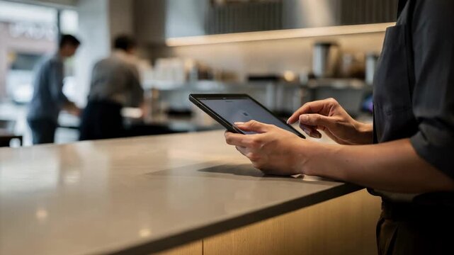 A server inputs a guests order on a tablet at a sleek counter service station with background activity softly blurred to emphasize the digital interaction.