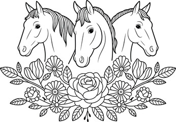 Black and white horse head silhouettes with braided mane and floral arrangement of roses and daisies, decorative vector illustration for coloring, design, and creative projects © Moyuri