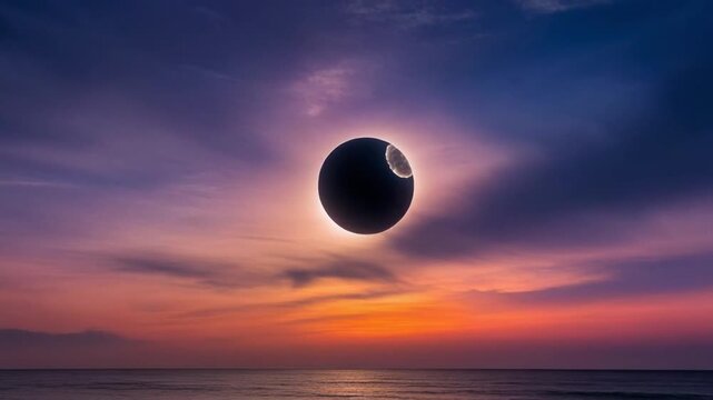 Solar Eclipse over Calm Ocean at Sunset with Glowing Sky