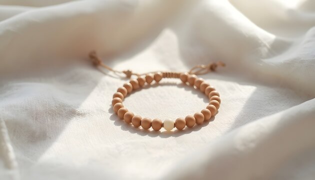 Minimal nude bead bracelet resting on soft white linen in gentle sunlight