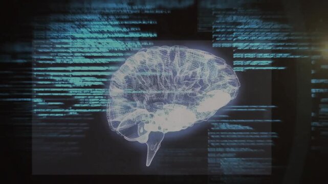 Fading in holographic 3D brain rotating, pulsing neural nets and scrolling code showing data flow