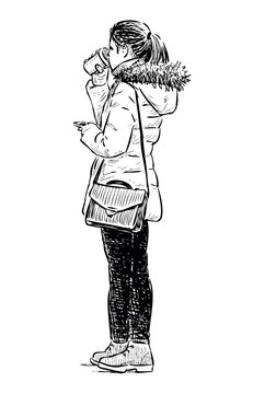 One casual young city girl drinking coffee, standing outdoors, using smartphone, realistic sketch, vector hand drawn illustration isolated on white background