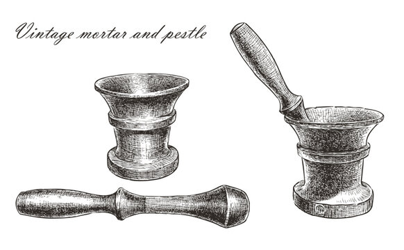 Vintage mortar and pestle, kitchen utensils, realistic hand drawn illustration, vector isolated on white background
