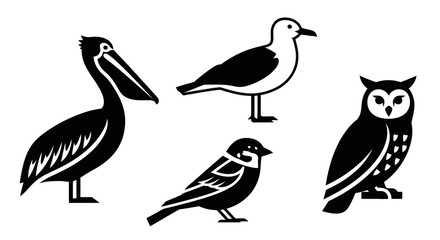 Collection of Diverse Bird Silhouettes: Pelican, Seagull, Sparrow, and Owl Icons
