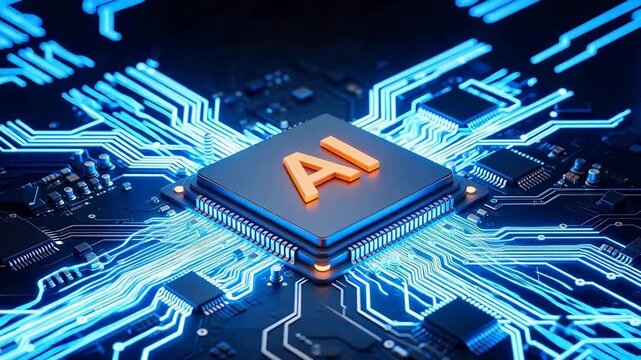 AI Chip on Circuit Board: Futuristic Neural Processor with Glowing 'AI' Logo, High-Tech Semiconductor for Machine Learning and Deep Computing