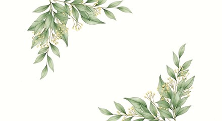 Fototapeta premium Watercolor illustration of green leaves and small white flowers on white background for decoration